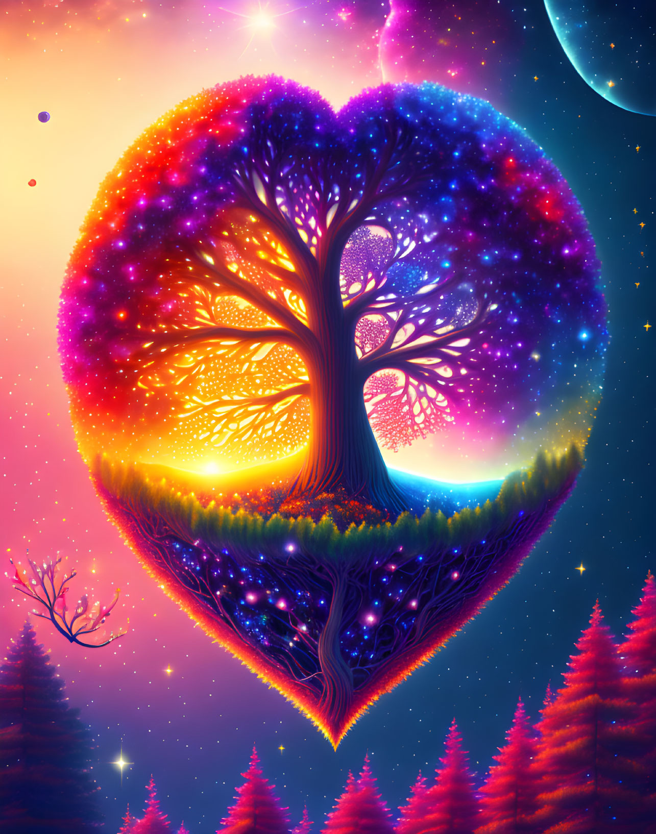 Colorful Heart-Shaped Tree on Starry Night Sky with Crescent Moon