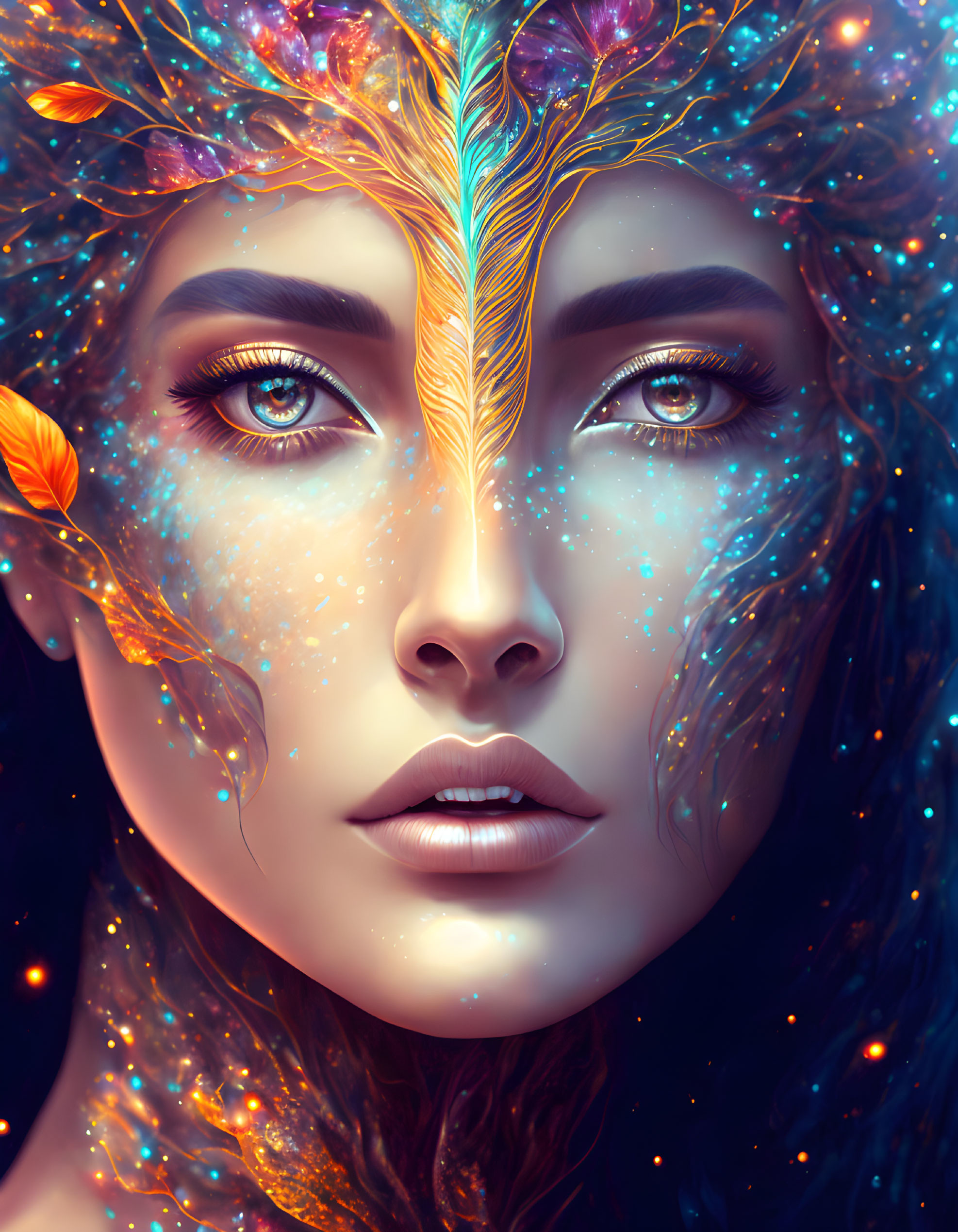 Fantastical portrait of a woman with cosmic skin and vibrant eyes