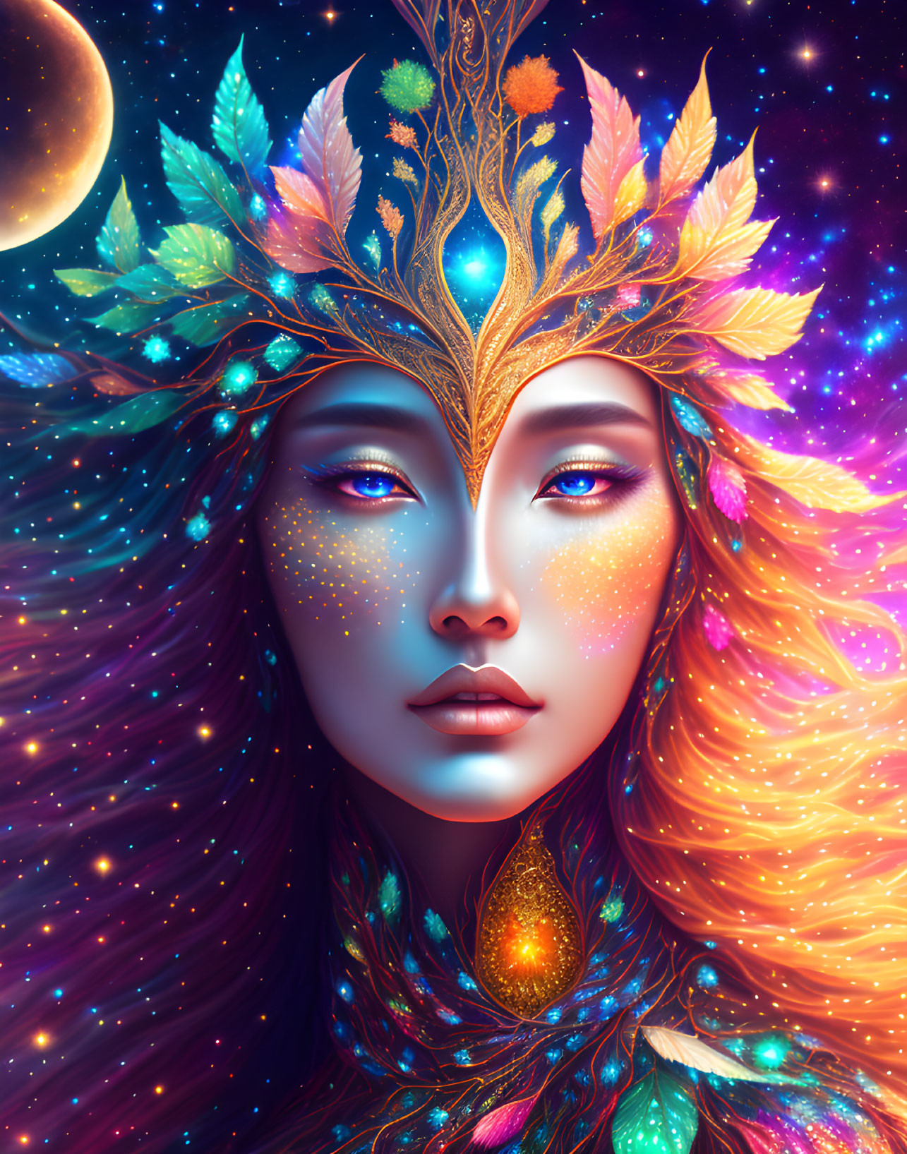 Digital artwork: Woman with autumn leaf crown, galaxy hair, stars, and crescent moon.