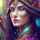 Colorful Woman with Feathered Headdress and Face Paint in Serene Setting