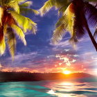 Vibrant tropical sunset with silhouetted palm trees and calm ocean waters