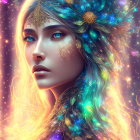 Ethereal female figure with multicolored hair and golden facial adornments