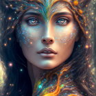 Digital artwork: Woman with mystical aura, galaxy-themed complexion, luminous eyes, ornate nature crown