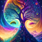 Colorful artwork: Fantastical tree, cosmos canopy, floating islands, whimsical landscape