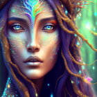 Fantastical portrait of a woman with glowing blue eyes and ethereal tree-branch crown.