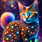 Cosmic-themed cat illustration with starry fur and glowing eyes