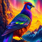 Colorful bird illustration with rainbow plumage in front of vivid mountains and aurora-lit sky