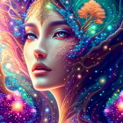 Colorful Digital Portrait of Woman with Cosmic and Floral Elements