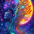 Detailed Woman's Profile with Hair Flowing into Tree on Cosmic Background