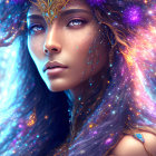 Fantasy portrait of woman with galaxy-themed hair and makeup and ornate golden headpiece.