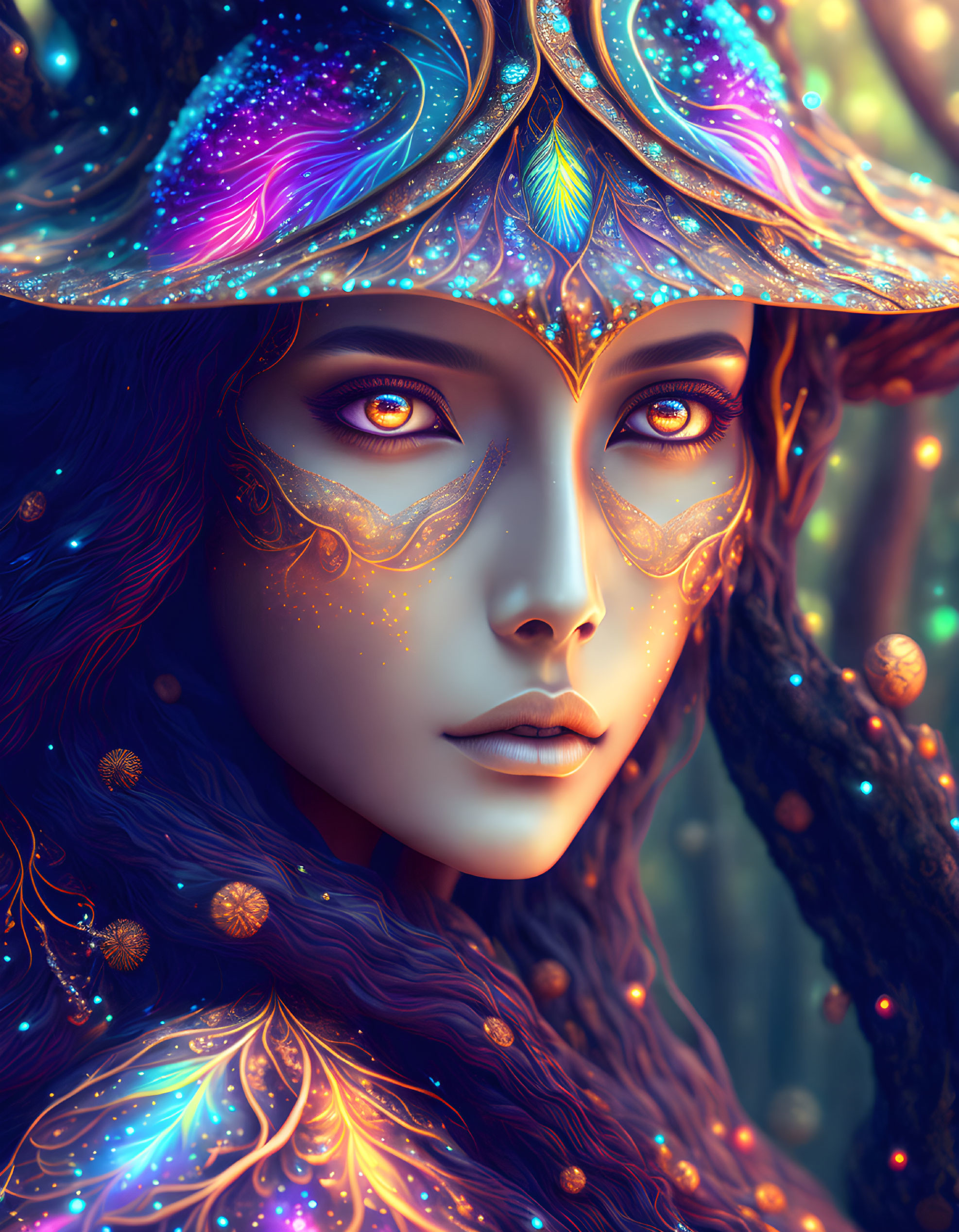 Vibrant cosmic-themed makeup on mystical woman with ornate headdress