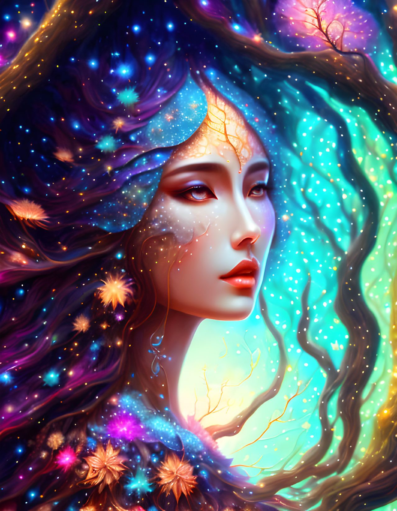 Cosmic hair portrait with stars, nebulae, and glowing trees