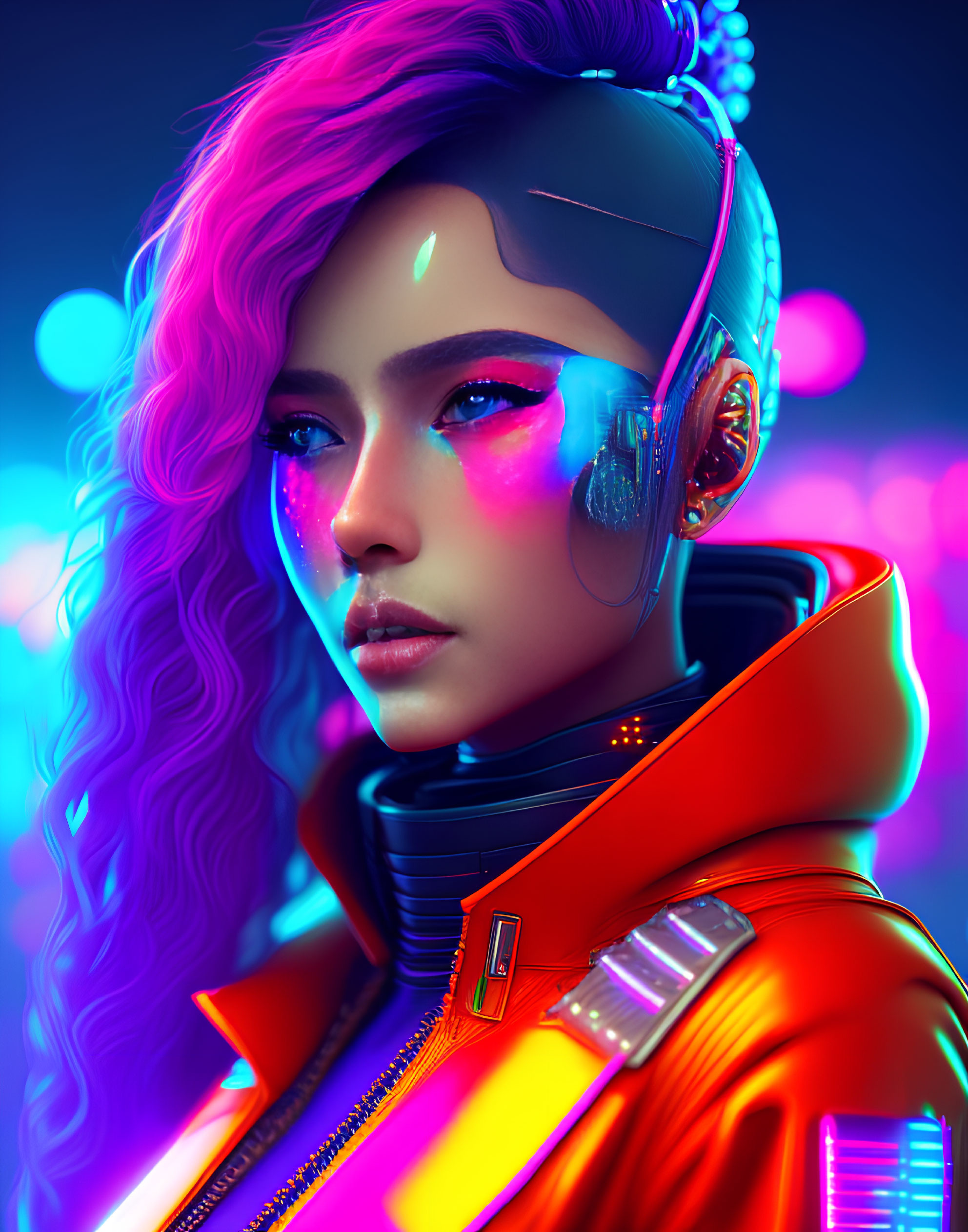 Woman with Cybernetic Enhancements in Red Futuristic Jacket and Neon Lights