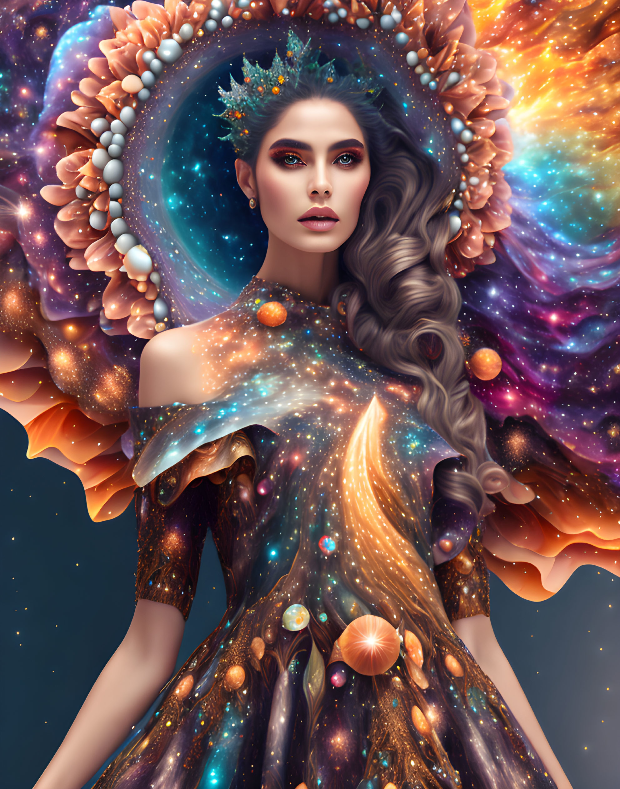 Cosmic-themed woman with stars, nebulae, and planets halo.