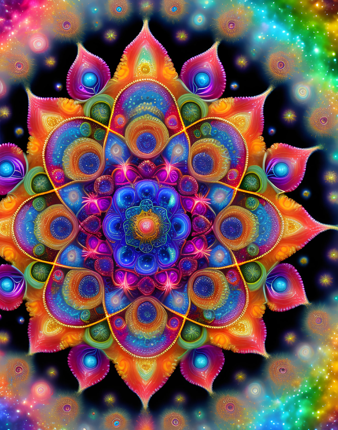 Colorful Mandala Artwork with Symmetrical Patterns and Starry Background