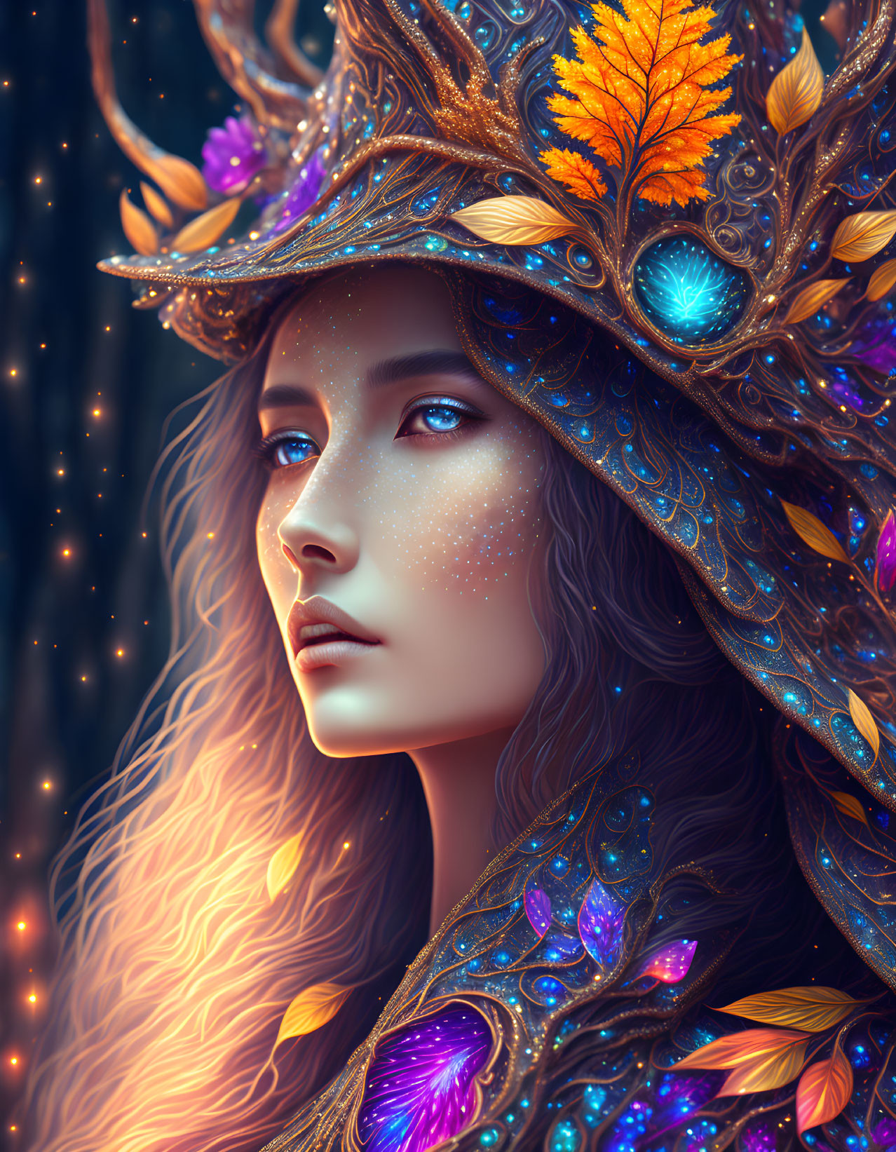 Mystical woman with leafy headdress and glowing crystals on starlit background