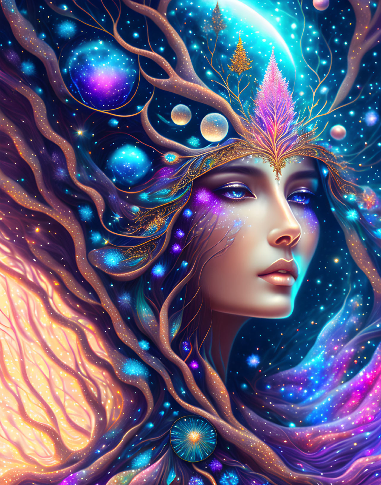 Cosmic-themed woman illustration with flowing nebula hair and golden leaf