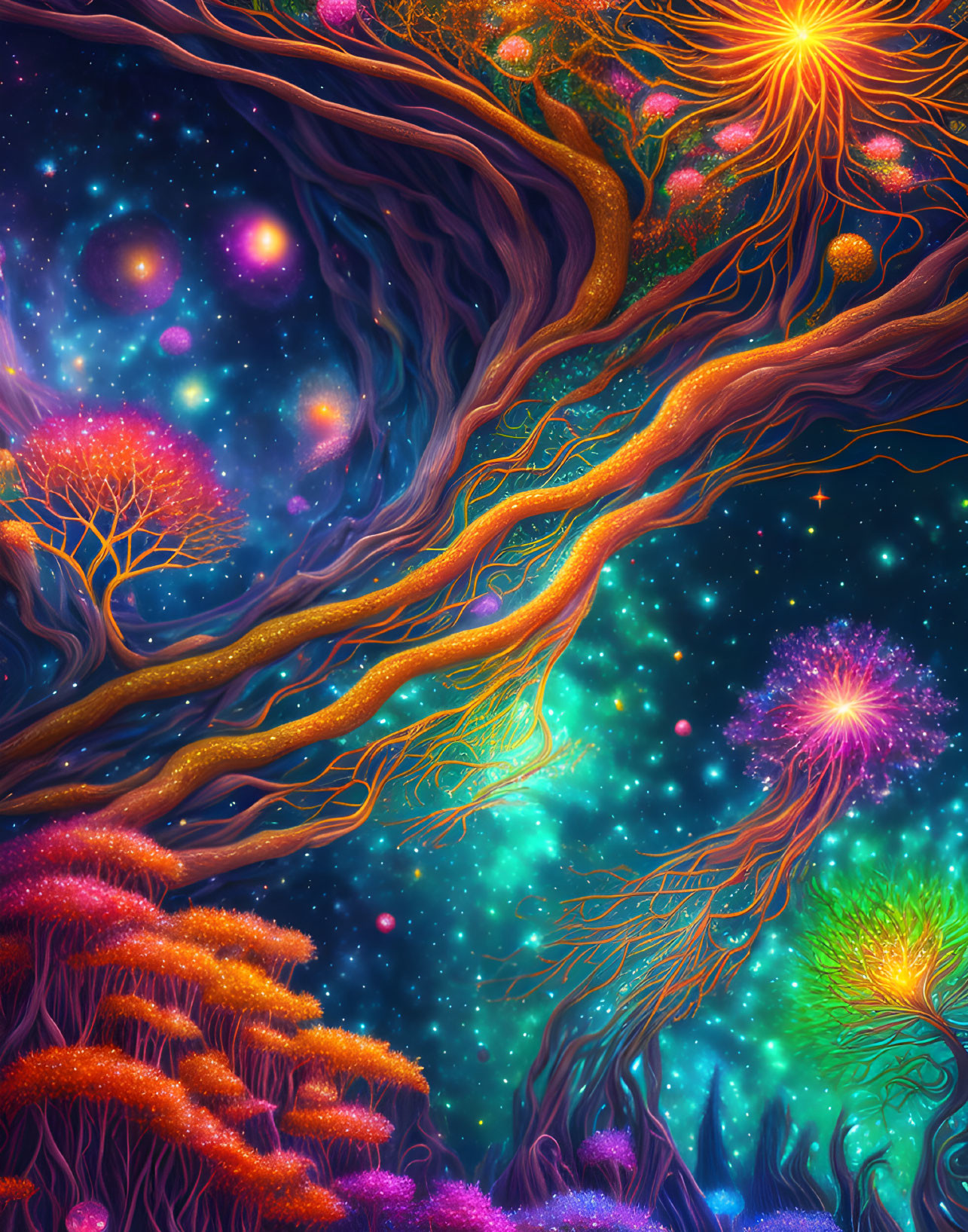 Neon-colored trees in surreal cosmic landscape