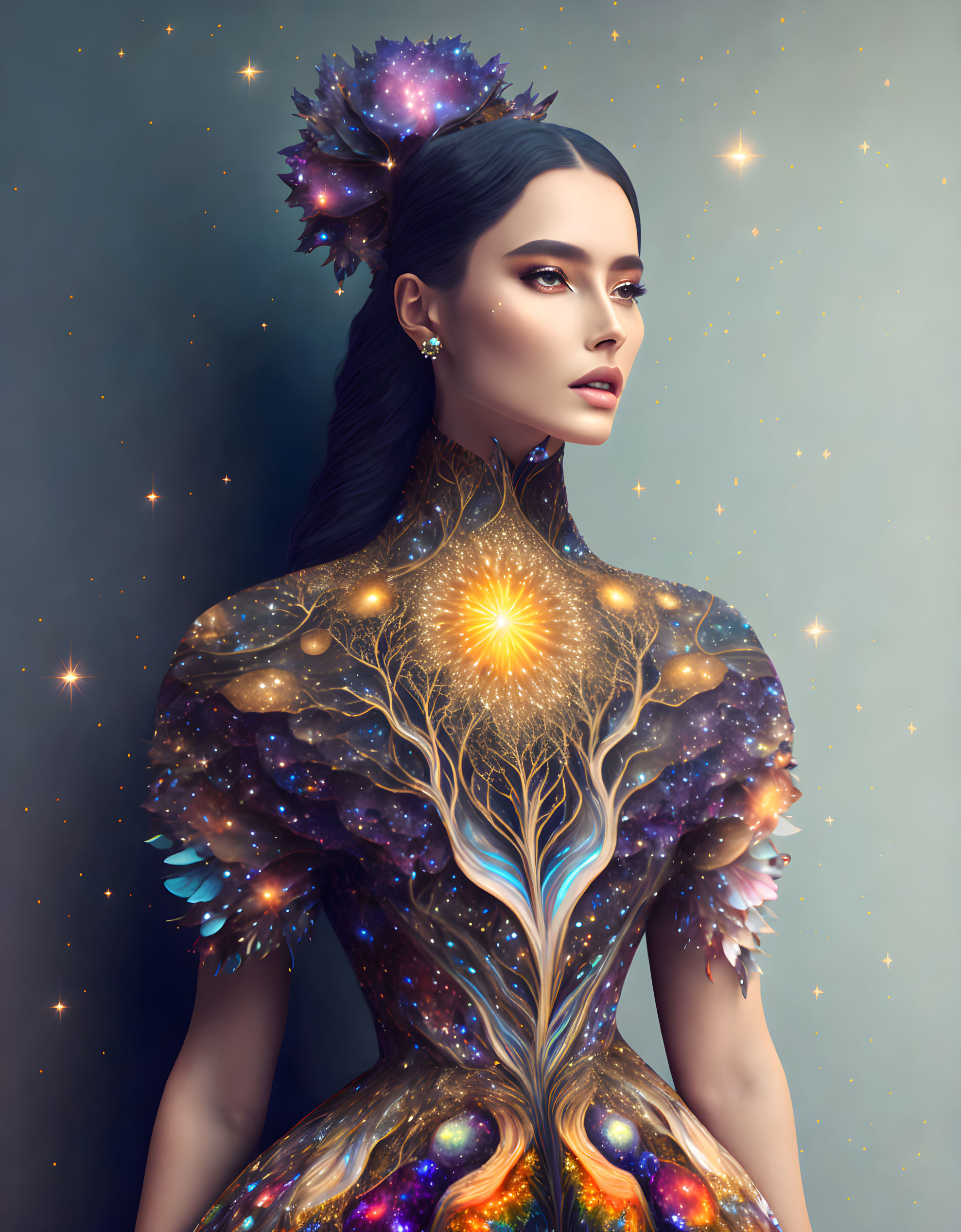 Cosmic-themed digital artwork of a woman in stars and nebulae dress.