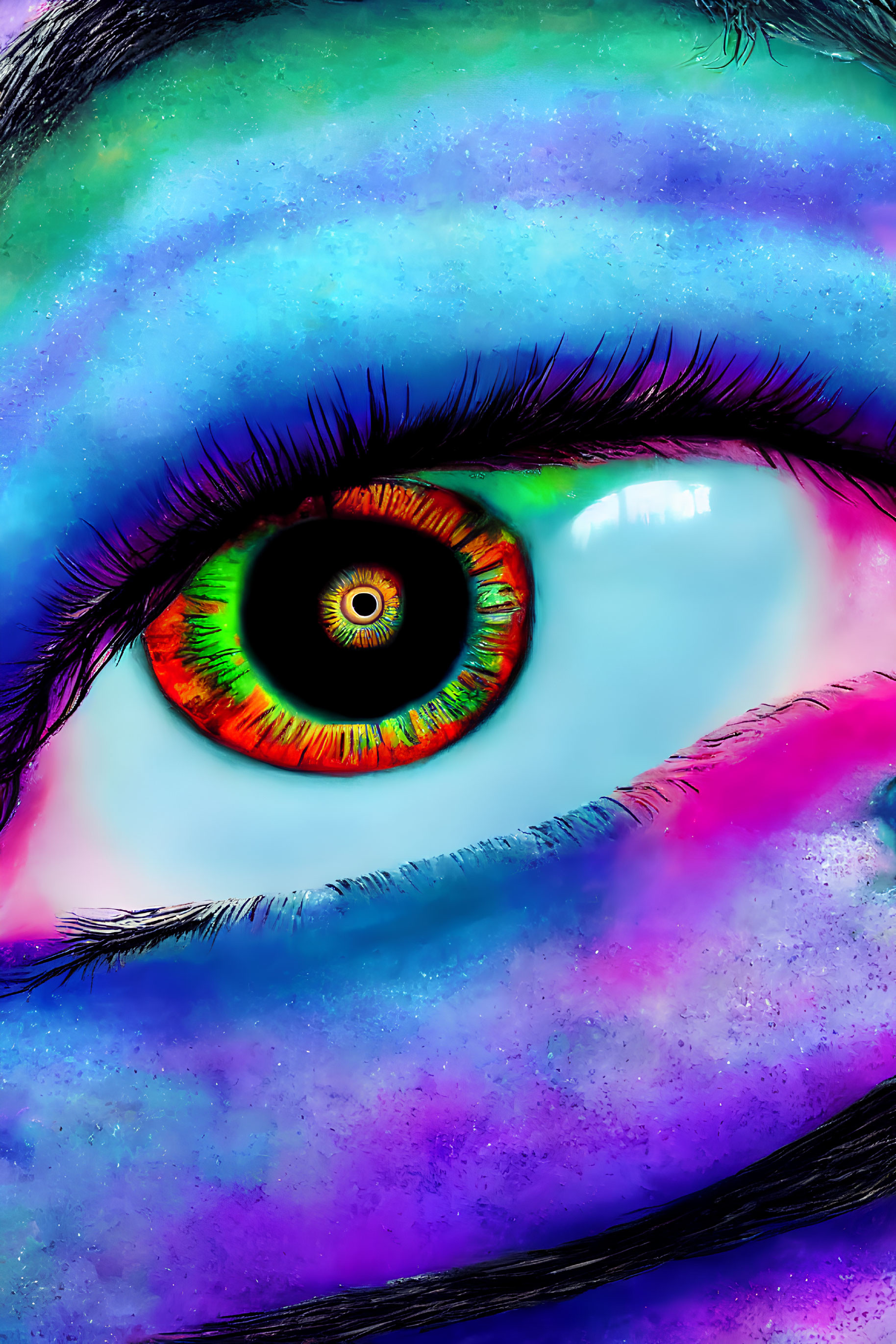 Colorful Digital Art: Human Eye with Green, Orange, and Red Iris