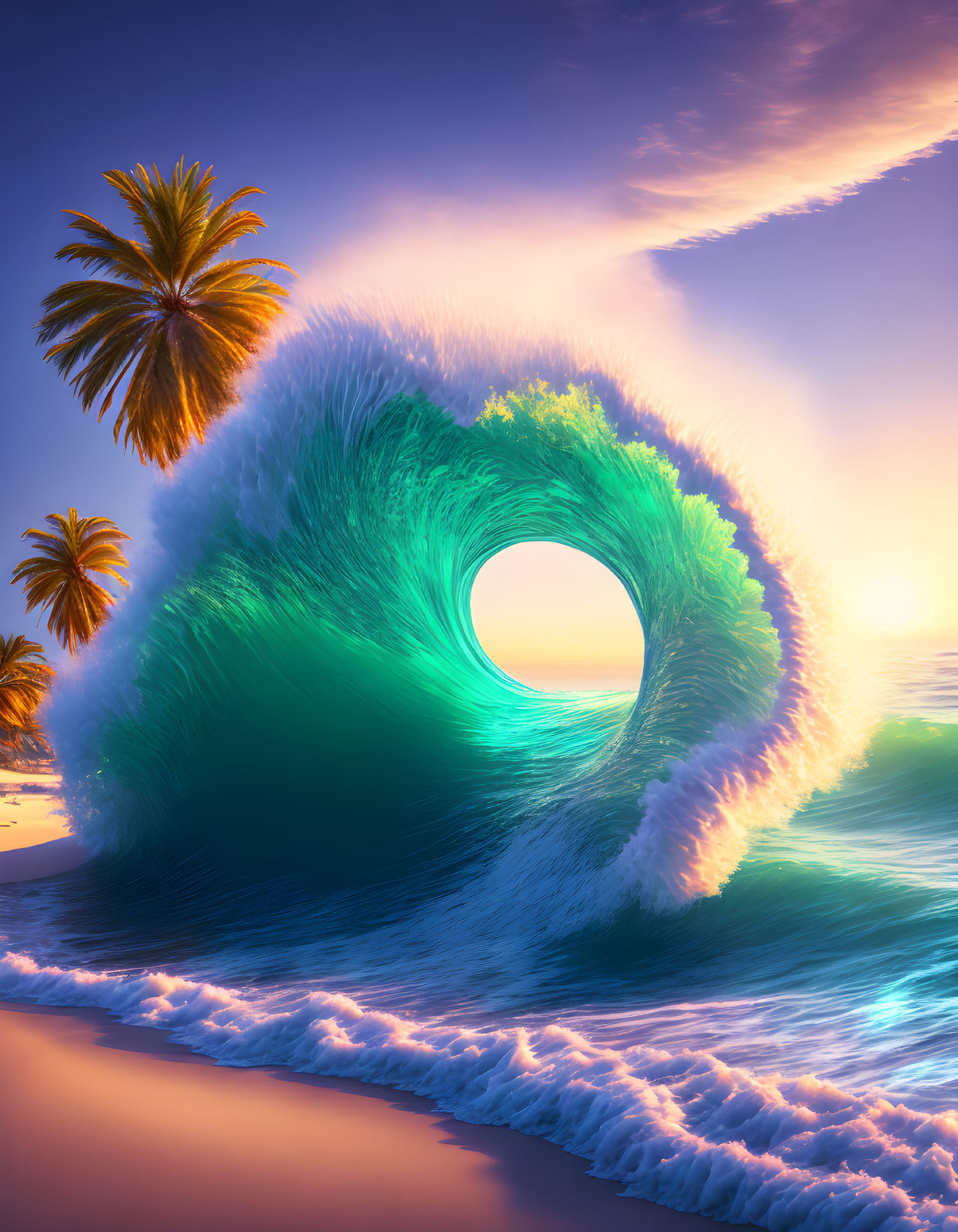 Digital Art: Massive Turquoise Wave at Sunset Beach