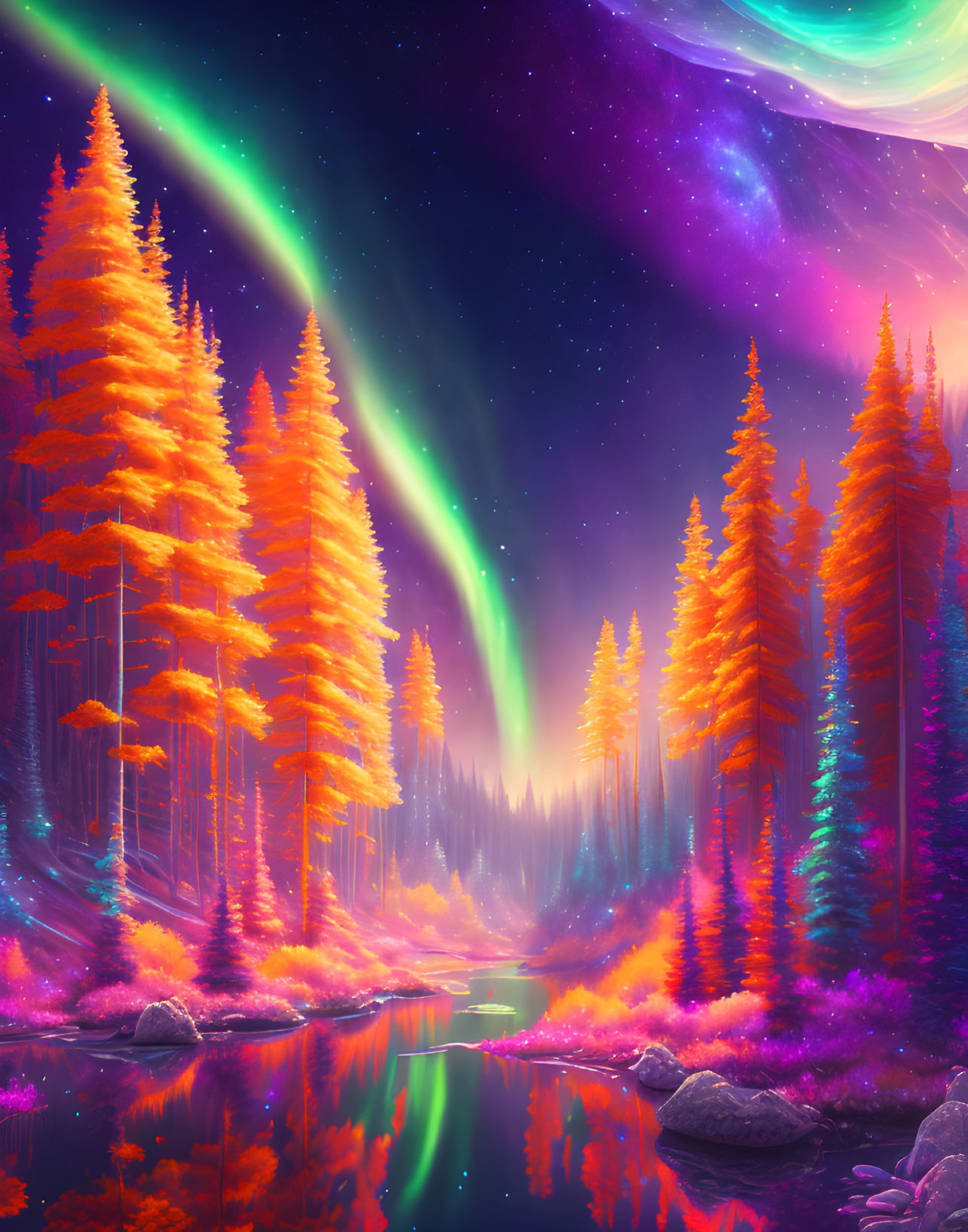 Colorful digital art: Forest with orange and pink foliage, night sky with purple and green auroras