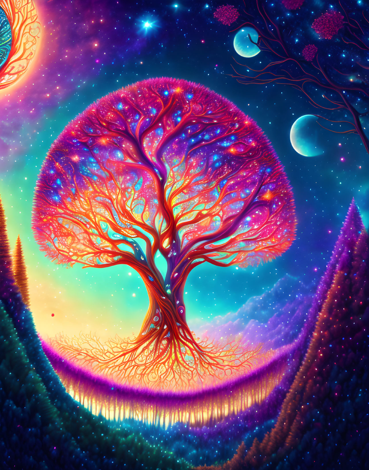 Colorful cosmic tree artwork with luminous branches and moons in starry sky