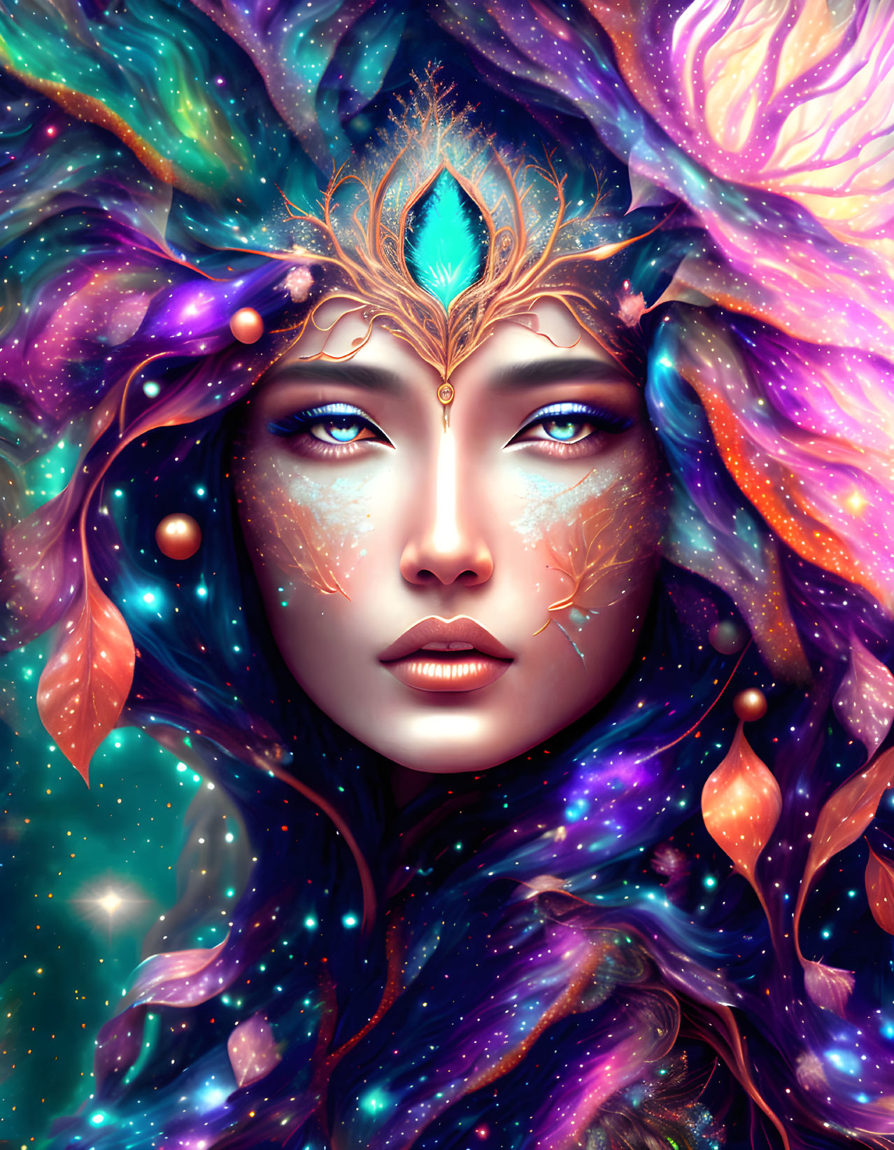 Cosmic-themed portrait of a woman with golden headdress and nebula colors