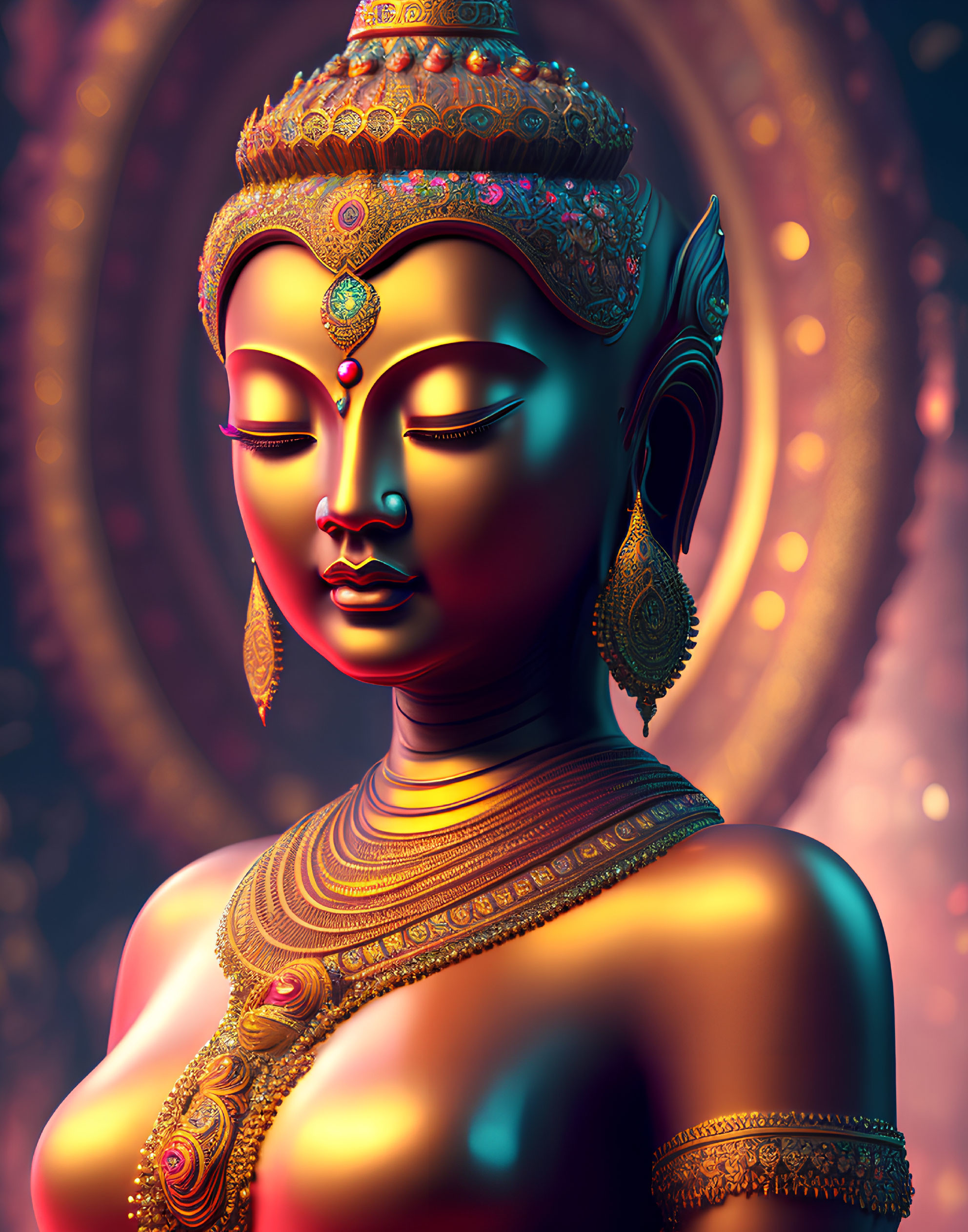 Serene digital art portrait of female figure with South Asian adornments