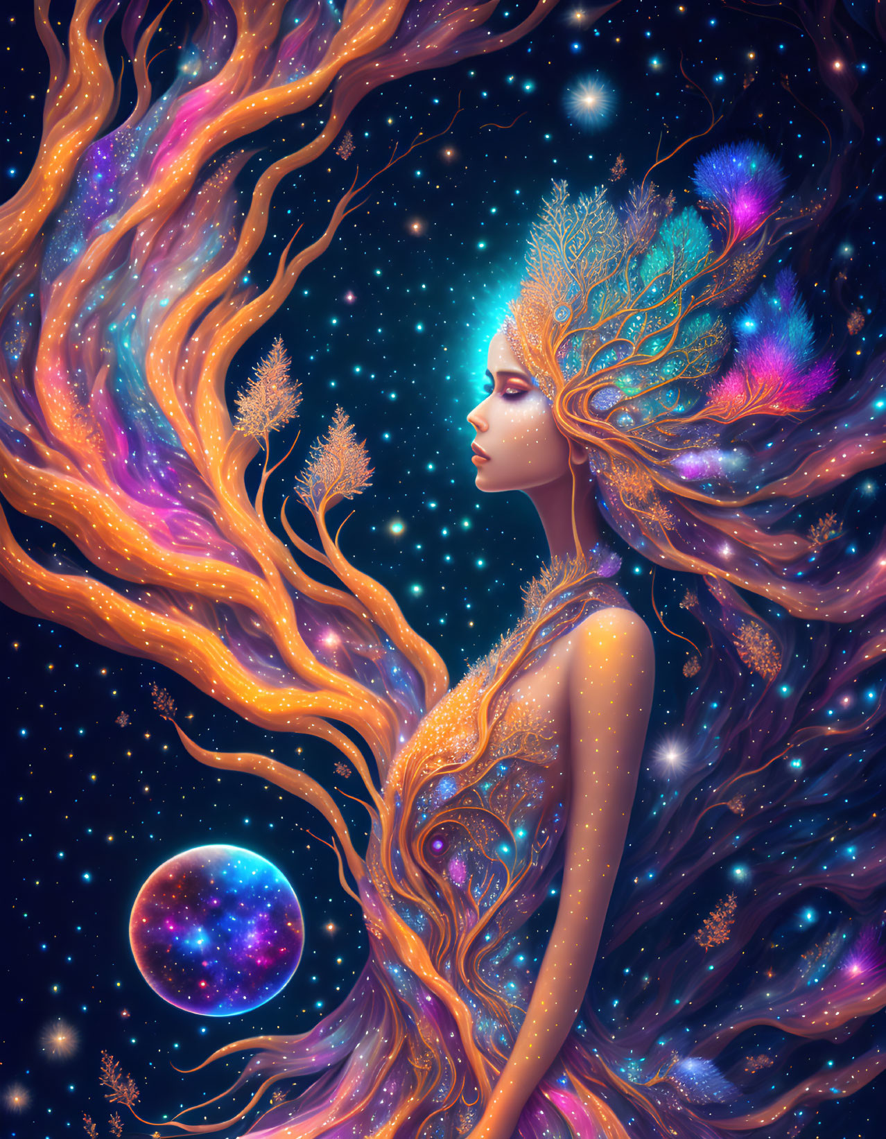 Surreal illustration of woman with flowing hair in cosmic scene