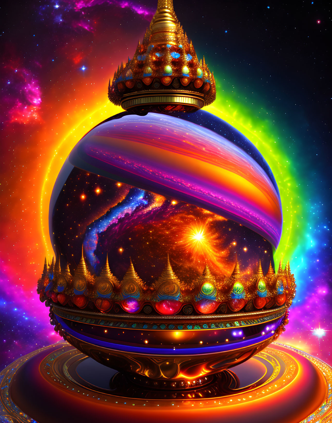 Cosmic-themed digital artwork with ornate spherical object in starry space.