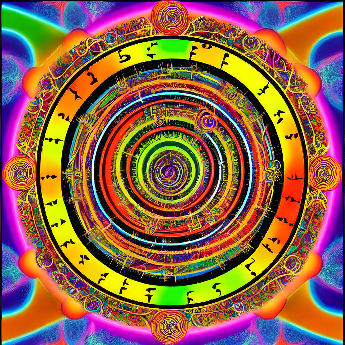 Colorful Psychedelic Mandala with Fractal Elements and Alien Symbols