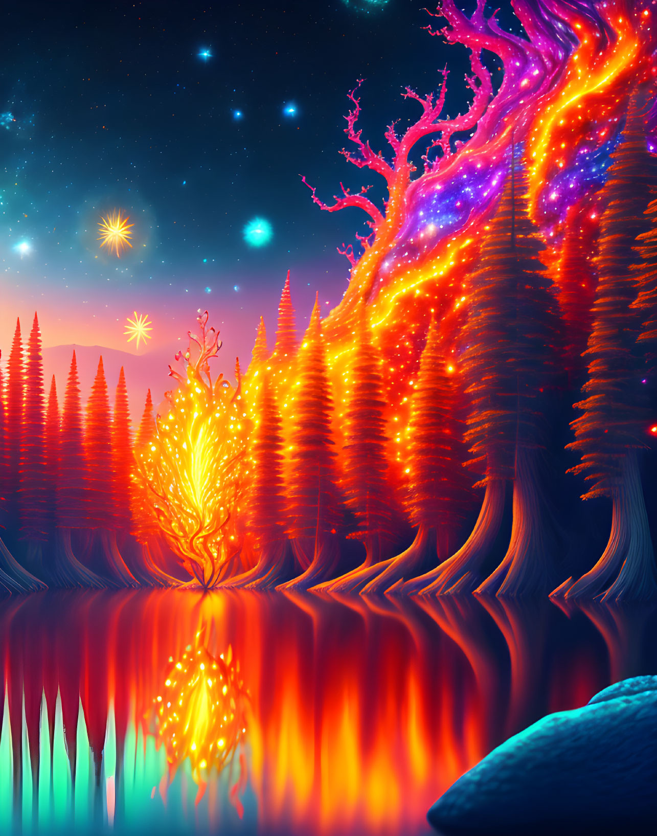 Vibrant fantasy landscape: glowing neon orange tree, starry sky