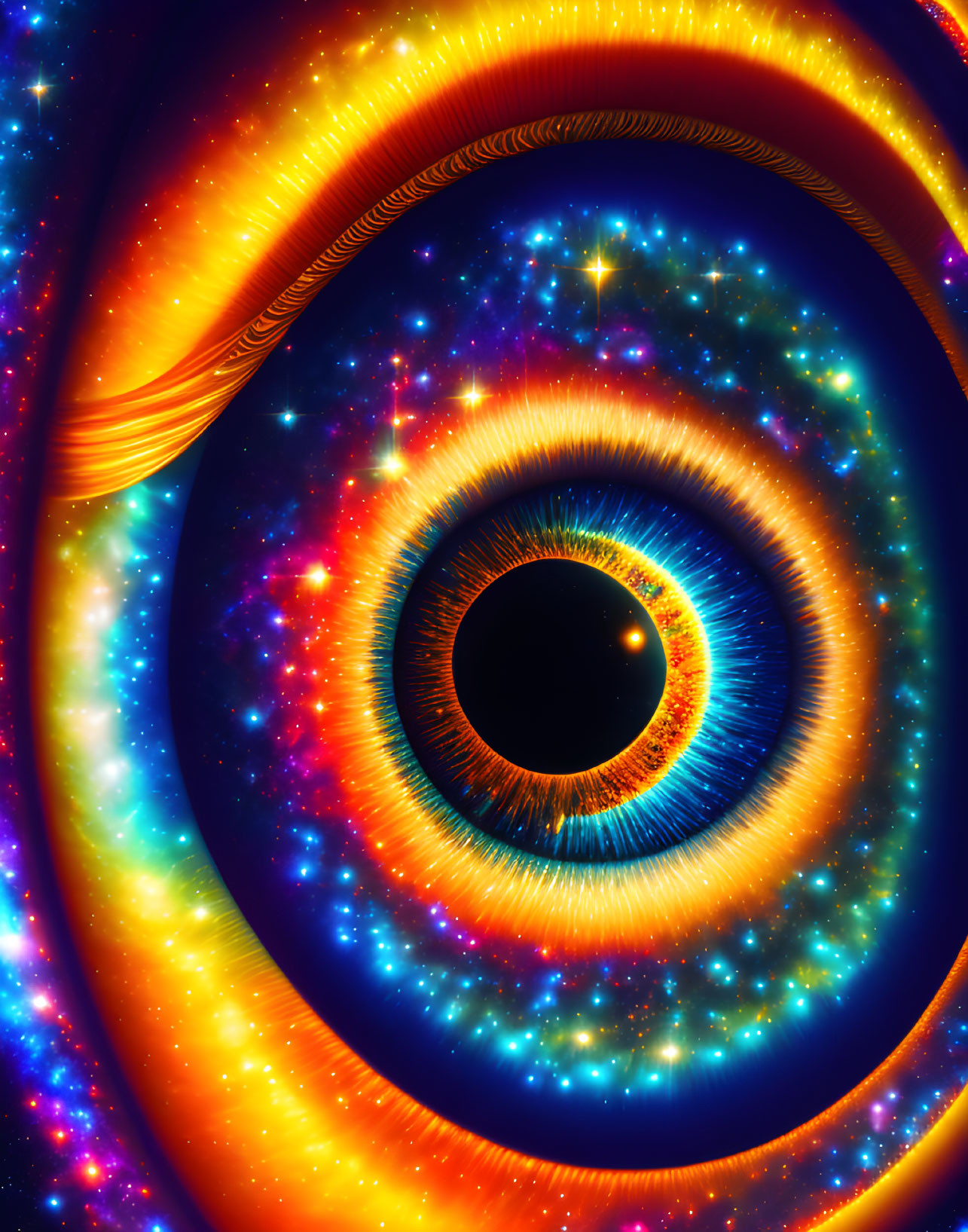 Colorful cosmic eye illustration with orange, blue, and yellow swirls on starry space background