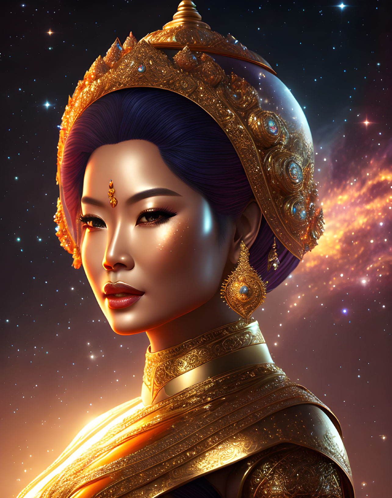 Digital portrait of elegant woman in gold headdress against cosmic background