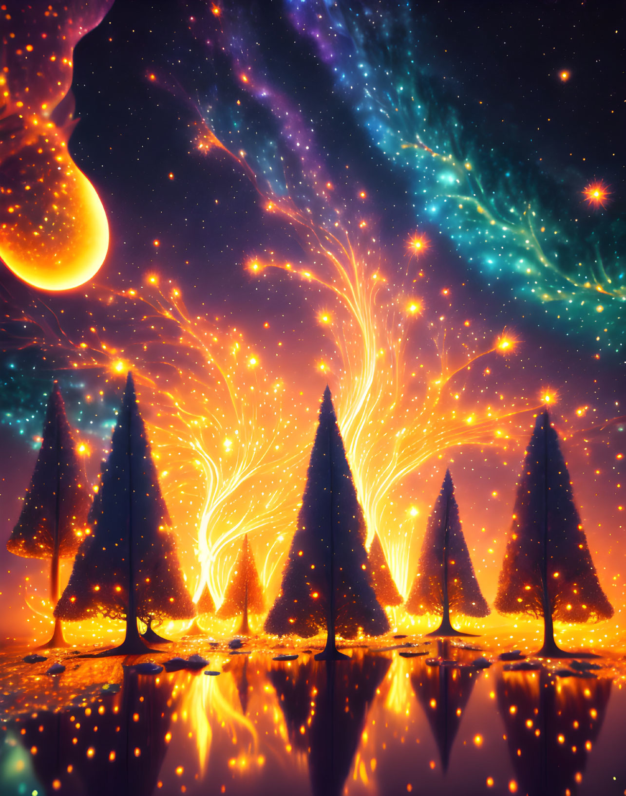 Fantasy night landscape with glowing trees, colorful nebula sky, crescent moon, and starry