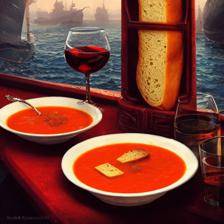 Tomato soup bowls with croutons, red wine, bread loaf, and waterfront view.