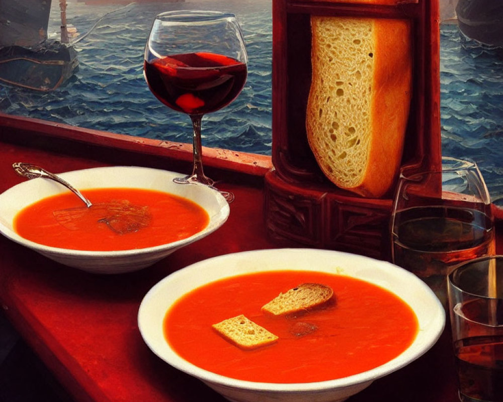 Tomato soup bowls with croutons, red wine, bread loaf, and waterfront view.