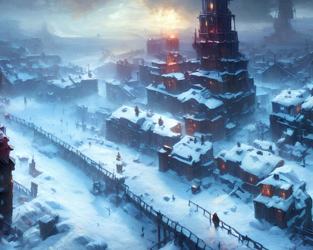 Snow-covered industrial cityscape at sunset with towering central structure and icy landscape under cloudy sky.