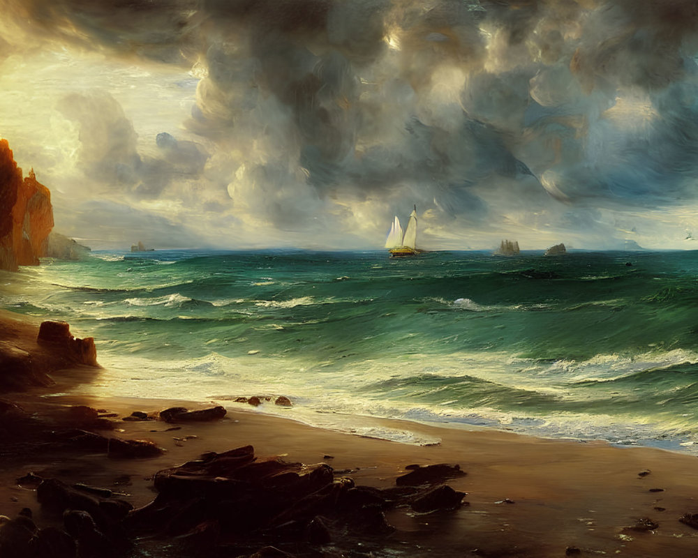 Stormy Seascape Painting with Green Waves, Ships, and Lighthouse