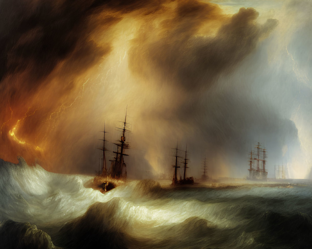 Historic sailing ships in stormy sea battle with fiery glow.