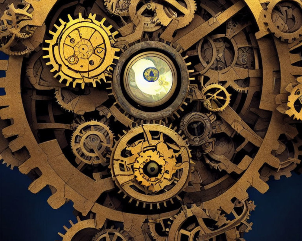 Interconnected wooden gears with glass lens magnifying details