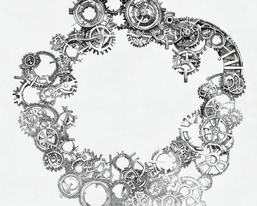 Intricately drawn steampunk gears and cogs on white background