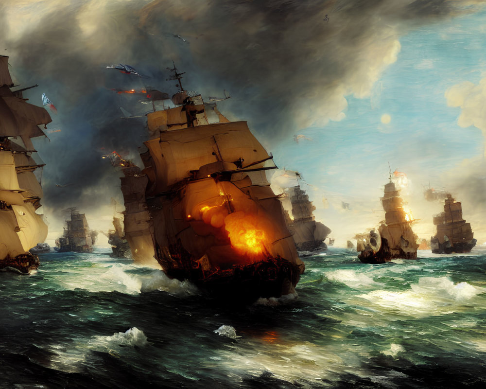 Dramatic naval battle scene with tall ships and cannon warfare