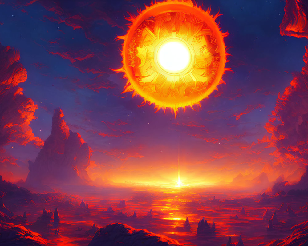 Digital Art: Fiery Landscape with Radiant Sun-Like Orb and Red Sky