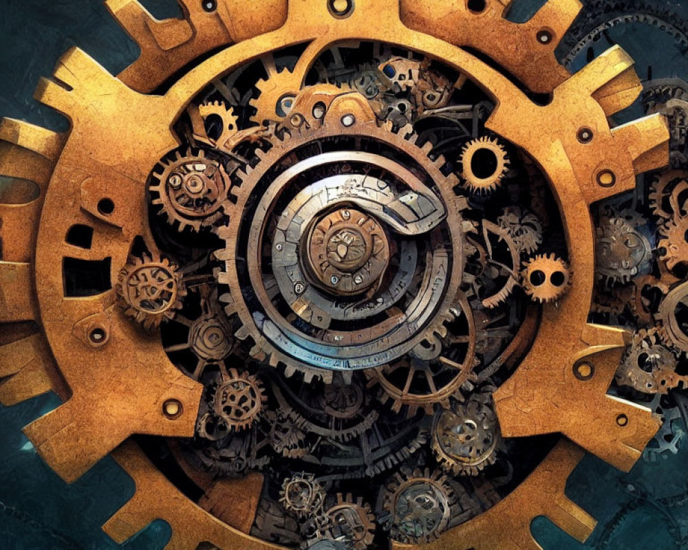 Steampunk-themed gear and cog composition with clock-like center