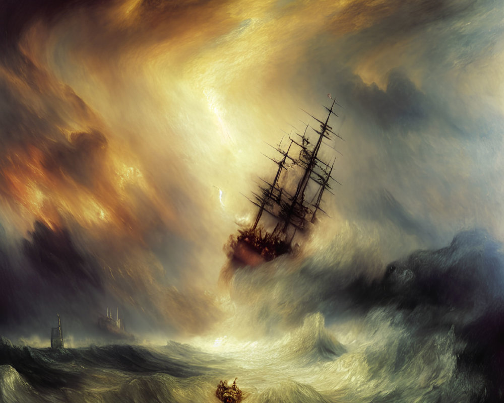 Large ship battling fierce waves in dramatic maritime scene