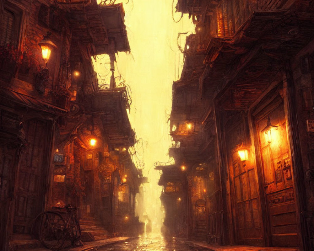 Golden sky illuminates narrow alley lanterns in mysterious scene