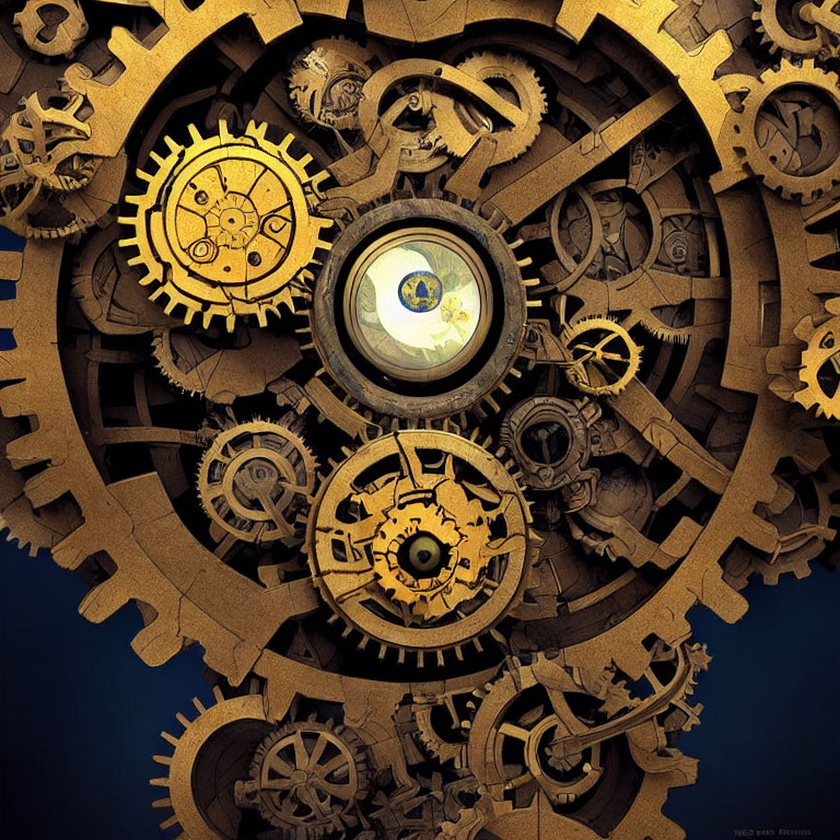 Interconnected wooden gears with glass lens magnifying details