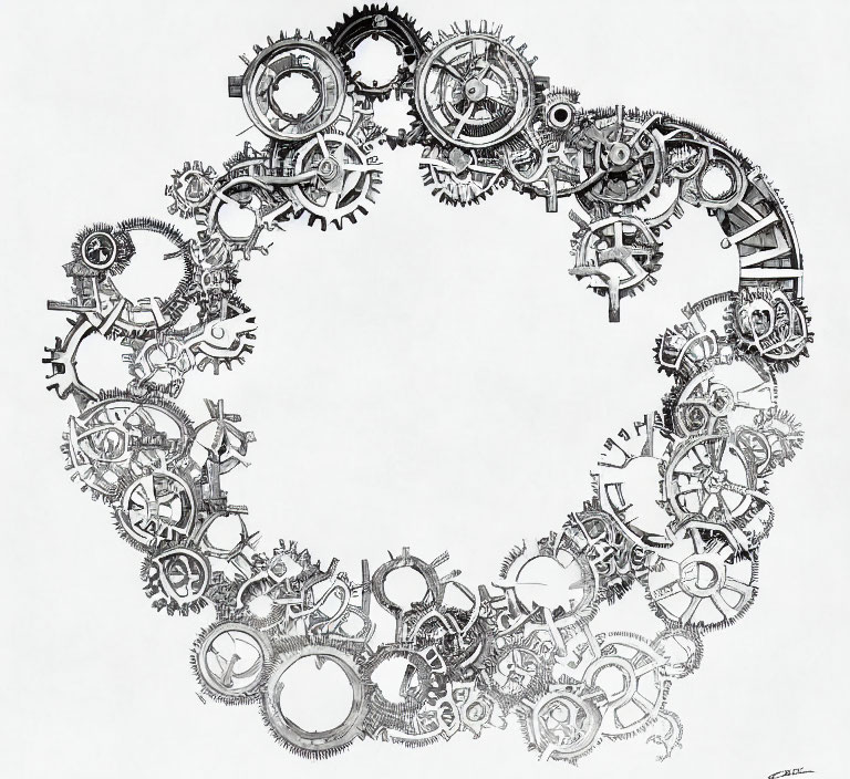 Intricately drawn steampunk gears and cogs on white background